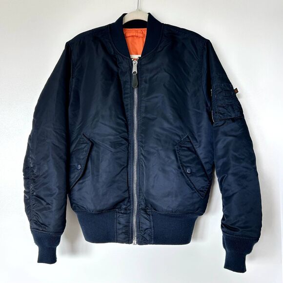 Alpha Industries MA-1 Bomber Flight Jacket Navy Blue Orange Lining Size Small F - Picture 8 of 13